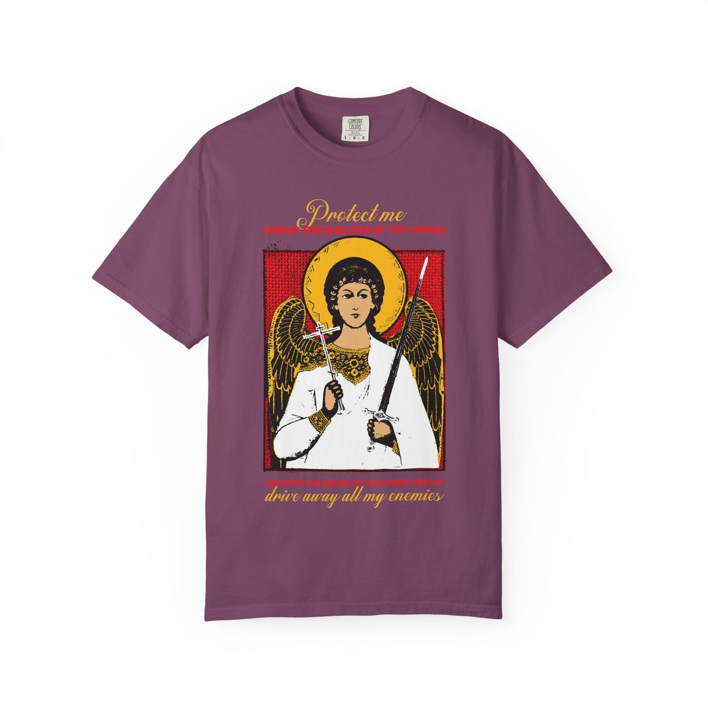 Holy Guardian Angel Holding Sword & Cross Icono-Graphic | Protection Prayer | Drive Away My Enemies | Heavyweight Cotton Unisex T-Shirt