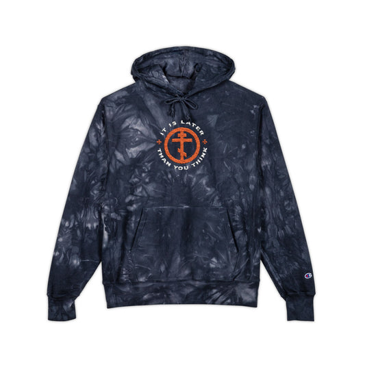 Black tie-dye hoodie featuring "It Is Later Than You Think" and a red Orthodox cross, inspired by Romans 13:10-12. Premium embroidered streetwear from the Fr Seraphim Rose collection. Front pocket included.