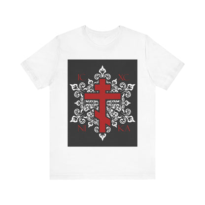 ICXC / NIKA Red Orthodox Cross on Ornate White Medieval Floral Design | Exclusive Best-Selling Orthodox Christian T-Shirt