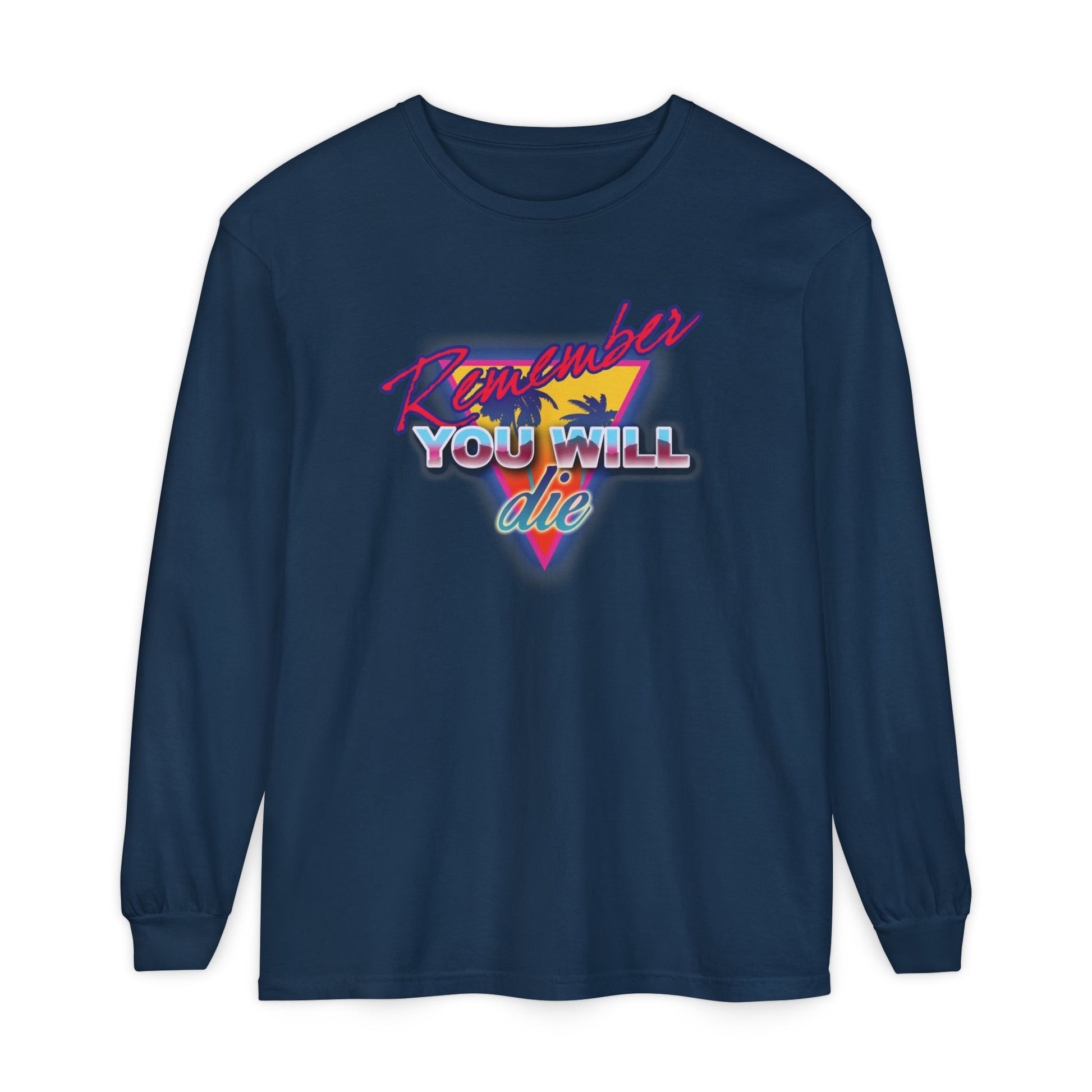 True navy long-sleeve cotton shirt featuring “Remember You Will Die” in 80s retro synthwave-style with palm tree, inspired by St. John Climacus’s Ladder of Divine Ascent. A nostalgic Orthodox Memento Mori design.