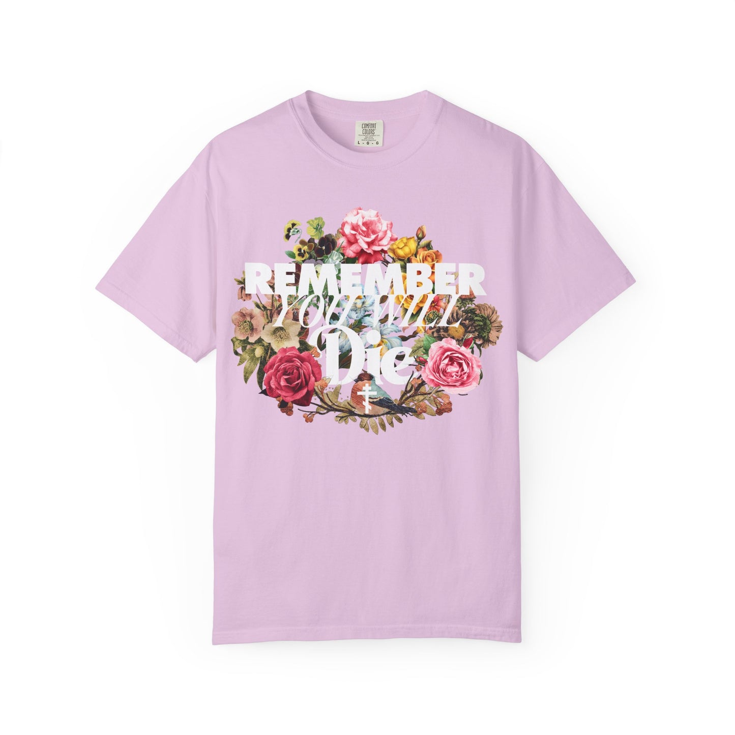 Orchid unisex tee with classic "Remember You Will Die" typography and a floral wreath on the front, inspired by memento mori. Heavyweight cotton.