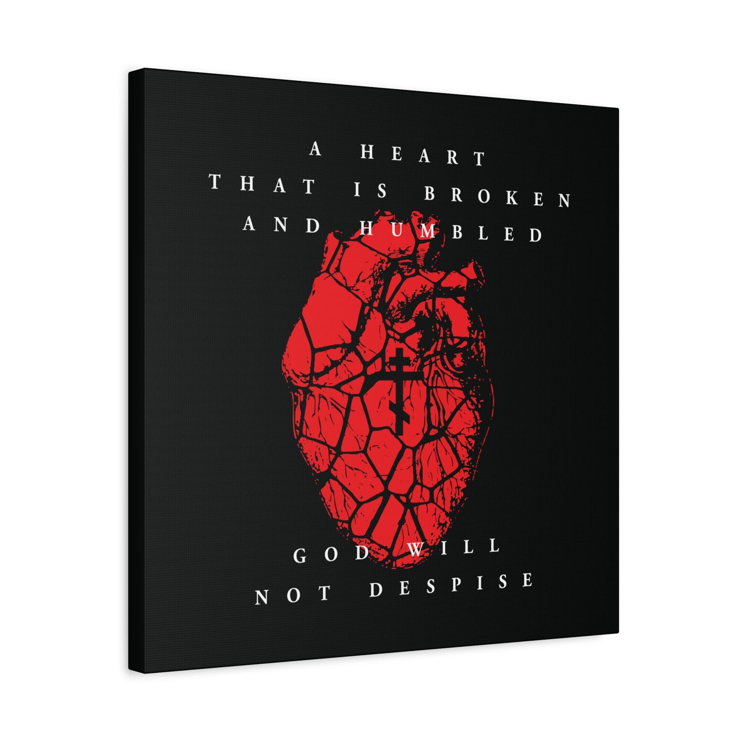 A Christian canvas featuring a red cracked heart with an Orthodox cross and the text: “A Heart That is Broken and Humbled God Will Not Despise,” inspired by Psalm 51 and repentance.