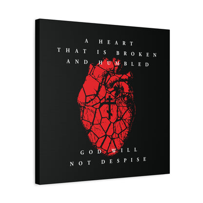 A Christian canvas featuring a red cracked heart with an Orthodox cross and the text: “A Heart That is Broken and Humbled God Will Not Despise,” inspired by Psalm 51 and repentance.