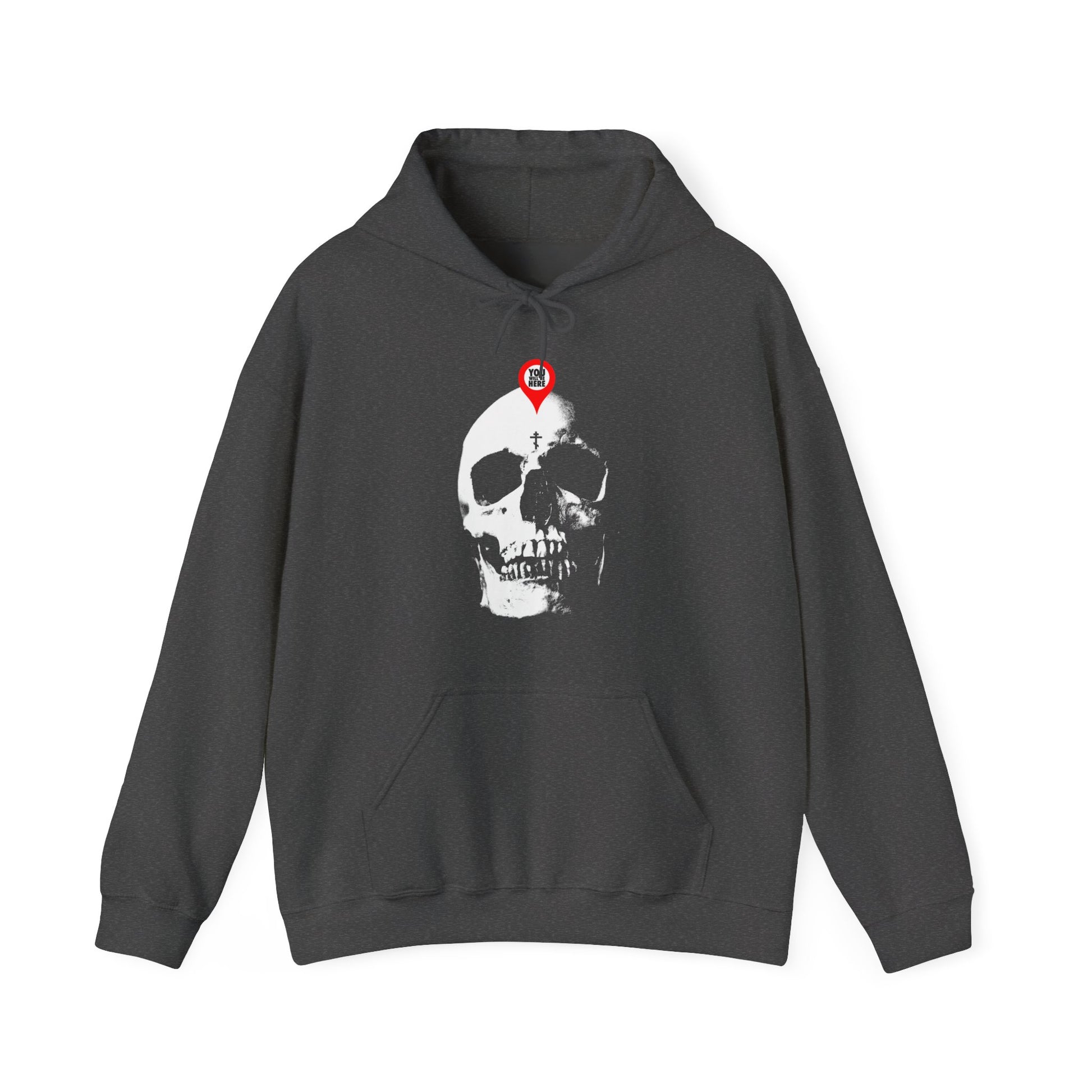 Dark Heather hoodie featuring a bold skull and map marker graphic with "What You Are I Once Was"—a striking Orthodox Christian Memento Mori design reminding you to "Remember You Will Die.