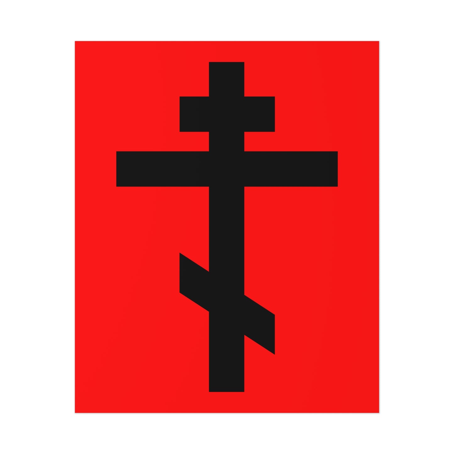 Black Orthodox Cross on red with white border, inspired by Galatians 6:14: “May I never boast, except in the cross of our Lord Jesus Christ.” Orthodox Art Poster.
