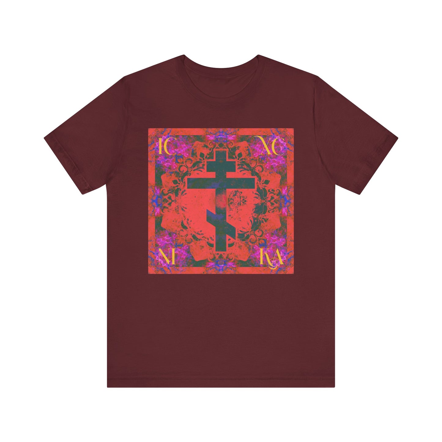Maroon ICXC NIKA Colorful Orange Magenta Cross Orthodox Christian Lightweight Cotton Unisex Tee, featuring a vibrant square design with a dark central cross symbolizing enduring faith and the Saviour's sufferings, inspired by St. John of Kronstadt.