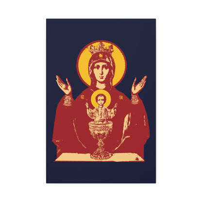 Icon-style wall art: Holy Theotokos IconoGraphic of the Inexhaustible Chalice, "Deliverer from Addictions" and "Conquer Passions"—Orthodox Christian icon in red and gold on dark background.
