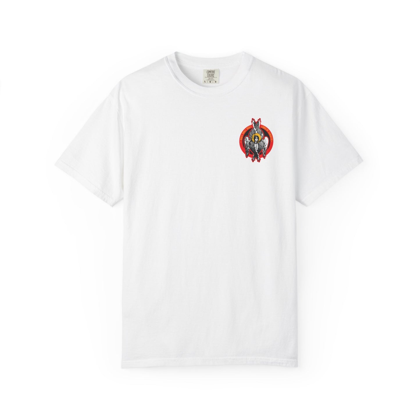 White Holy Holy Holy Seraphim Angel Icono-Graphic Tee featuring a small winged figure on the left chest, inspired by heavenly hosts and spiritual purity. Heavyweight cotton, unisex Orthodox design.