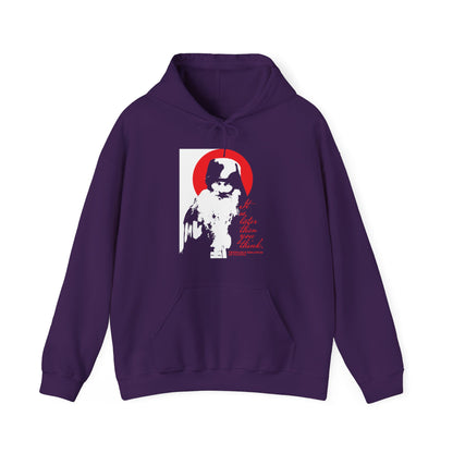 The "It's Later Than You Think" hoodie by Remembrance of Death features a high-contrast black, white, and red graphic of Fr Seraphim Rose with "Higher than the Think" text, inspired by Orthodox spiritual life and Memento Mori themes.