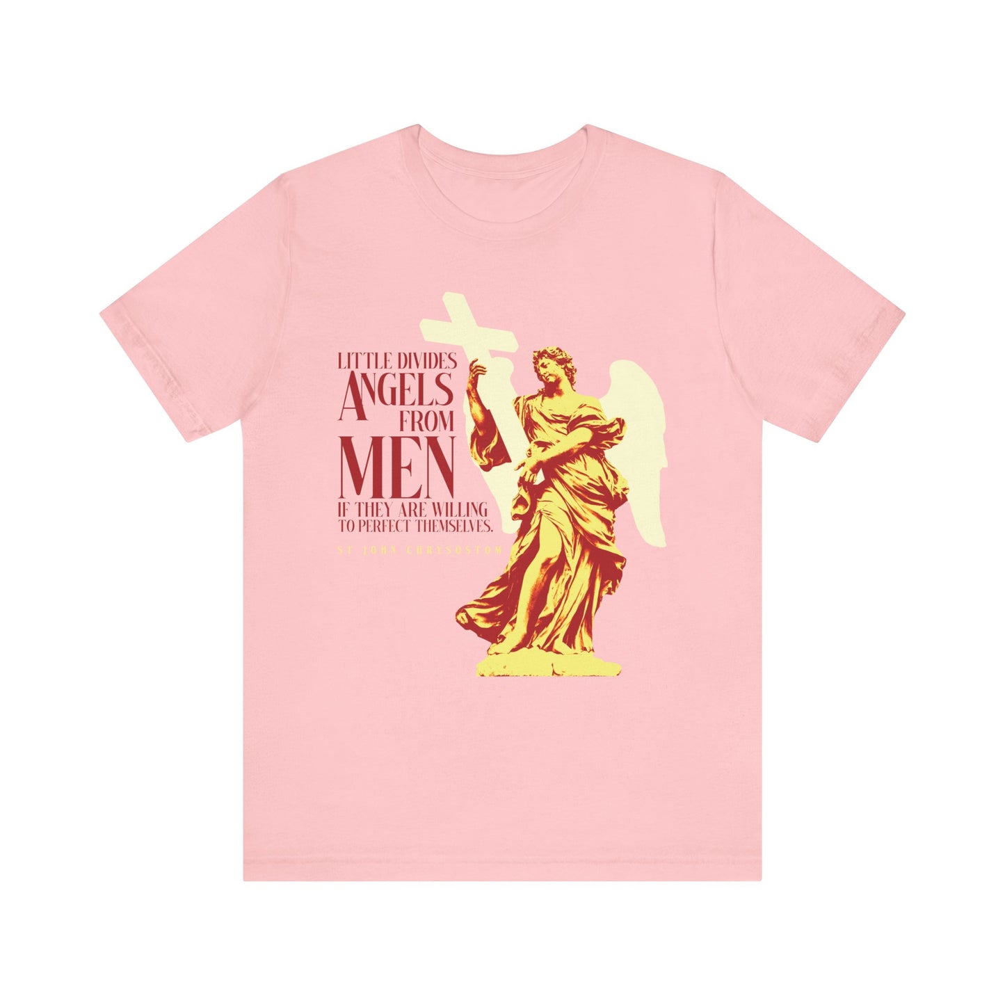 This pink tee features St John Chrysostom’s quote, "Little divides angels from men if they are willing to perfect themselves," a thoughtful Orthodox Christian design reflecting virtue and human nature. Lightweight cotton, unisex fit.