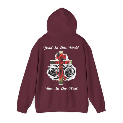 Dead to This World Alive to the Next Orthodox Cross & Gothic Rose BACK PRINT w/ Embroidered White Cross on Front Left Breast | Christian Hoodie