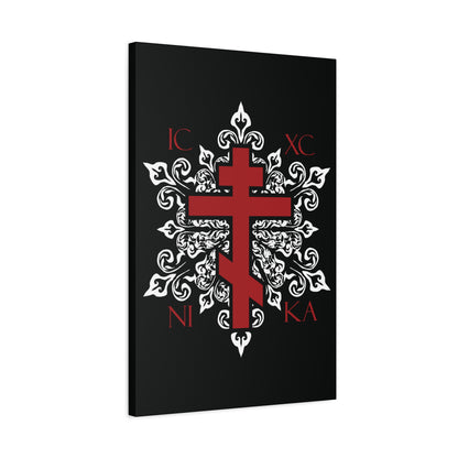 ICXC / NIKA Red Orthodox Cross on Ornate White Medieval Floral Design | Exclusive Best-Selling | Orthodox Christian Canvas Art