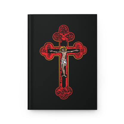 The "Red Orthodox Christian Crucifix" Hardcover Journal features a black cover with a red Byzantine Golgotha Cross and Jesus crucified, inspired by Galatians 2:20’s message: "I Am Crucified With Christ.
