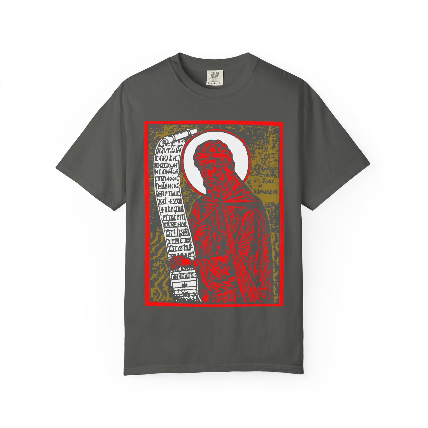 Pepper tee featuring a high-contrast red, gold, and black graphic of St. John of Damascus holding a scroll, framed by a bold border. Heavyweight cotton unisex design—Orthodox Christian Icono-Graphic style.