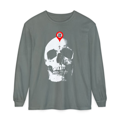 Grey long-sleeve "You Will Be Here" Orthodox shirt featuring a large white skull with a red marker on the forehead—a striking Memento Mori design that encourages spiritual reflection and remembrance.