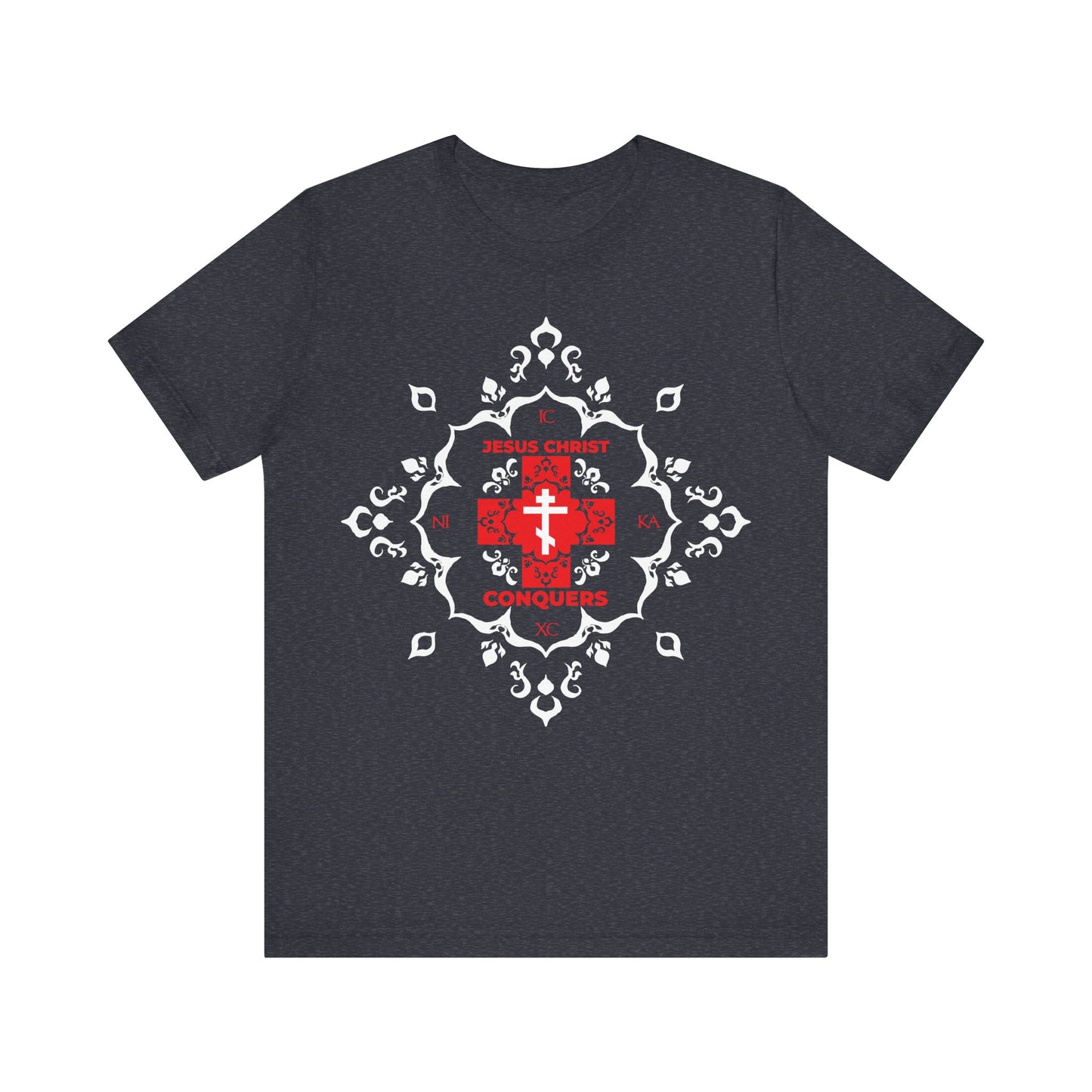 Heather navy cotton t-shirt featuring a white Orthodox cross, red modern ICXC NIKA ("Jesus Christ Conquers") text, and medieval filigree—celebrating victory over sin in the spirit of St. John Chrysostom.