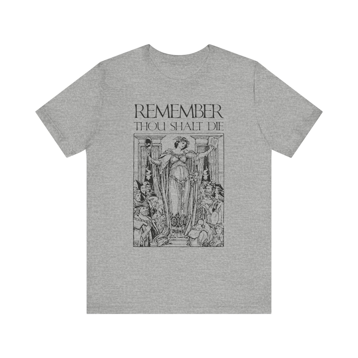 Athletic Heather tee with Shakespearean "Remember You Will Die" design, Memento Mori woodcut art, and Christian classic aesthetic—a lightweight unisex cotton shirt.