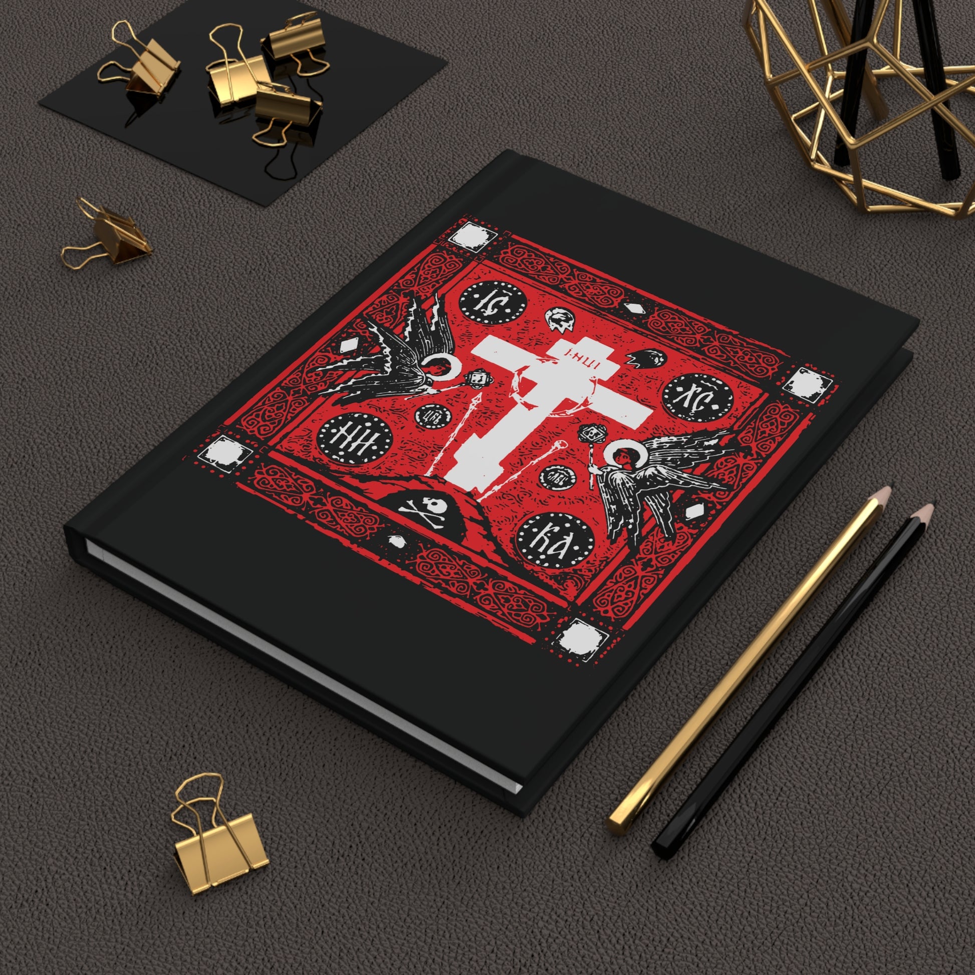 Adoration of the Holy Cross IconoGraphic | Striking Red White and Black Golgotha Design w/ Angels | Orthodox Christian Accessory | Blank Hardcover Journal-Remembrance of Death
