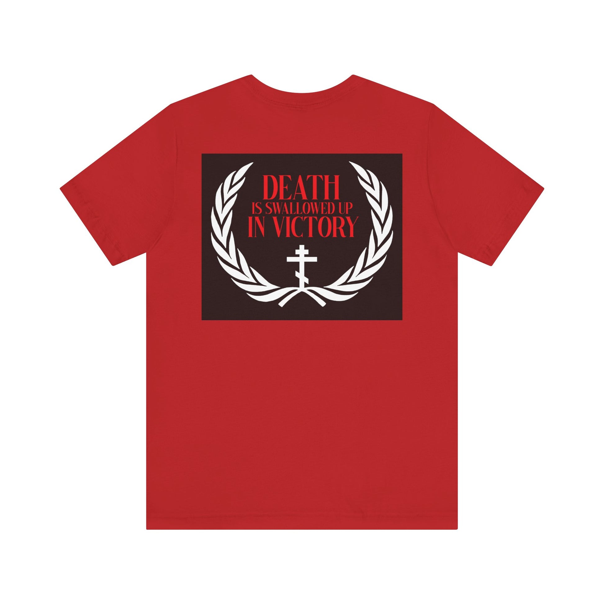The Archangel Michael of the Apocalypse Iconographic Double-Sided Unisex T-Shirt features a laurel wreath, cross, and “Death is swallowed up in victory” on the back, inspired by Michael’s triumph in Revelation 12:7-9.