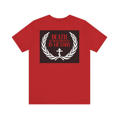 The Archangel Michael of the Apocalypse Iconographic Double-Sided Unisex T-Shirt features a laurel wreath, cross, and “Death is swallowed up in victory” on the back, inspired by Michael’s triumph in Revelation 12:7-9.