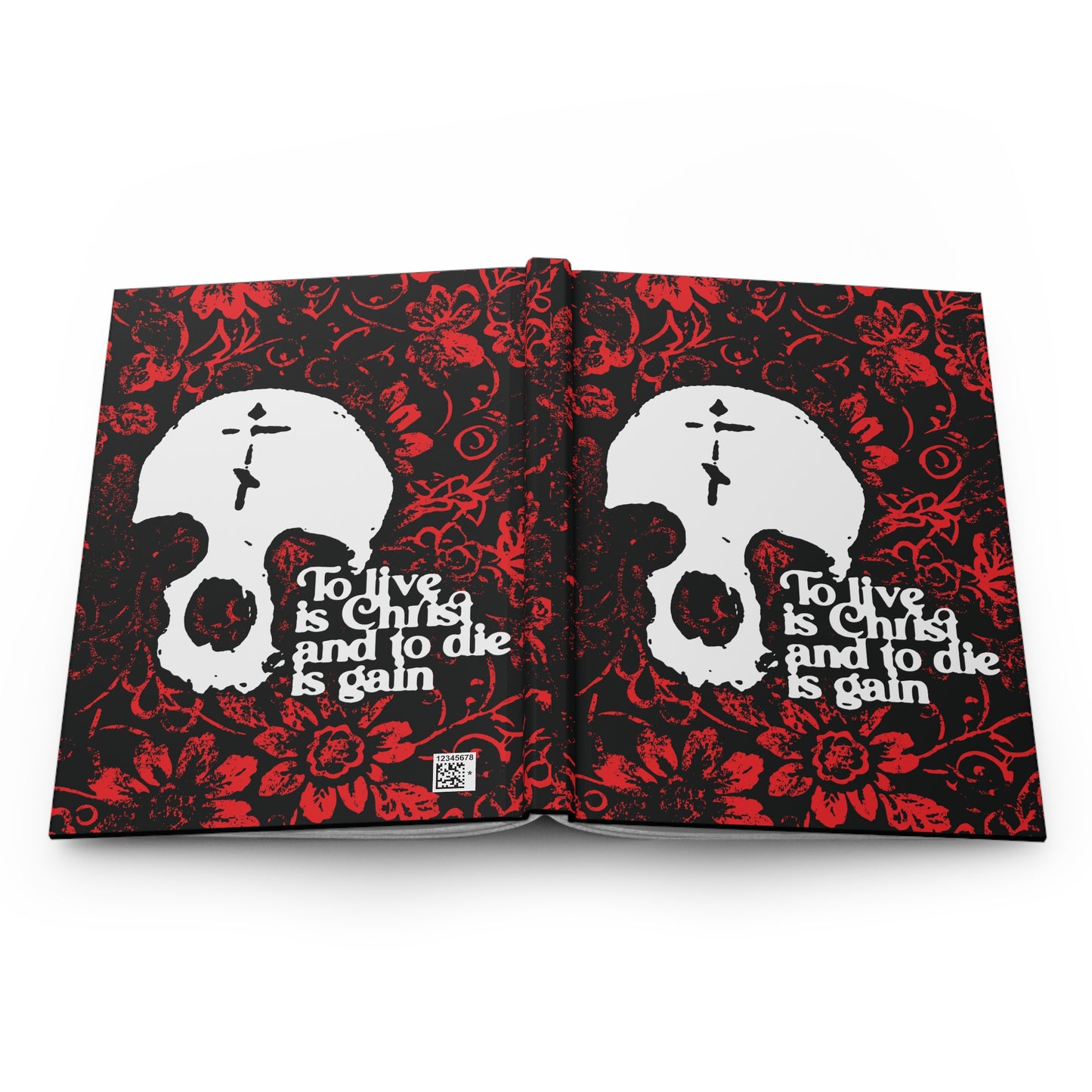 To Live is Christ To Die is Gain (Phil 1:21) | Skull with Cross on Red Floral Texture | Orthodox Christian Hardcover Journal