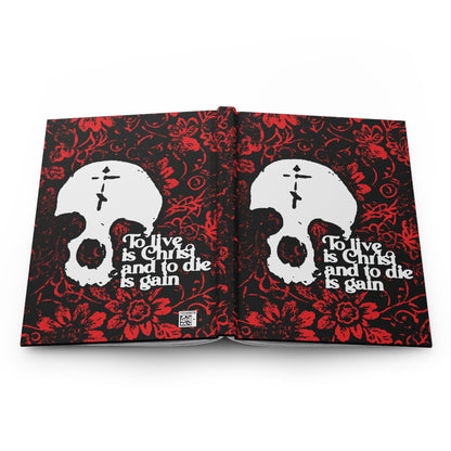 To Live is Christ To Die is Gain (Phil 1:21) | Skull with Cross on Red Floral Texture | Orthodox Christian Hardcover Journal