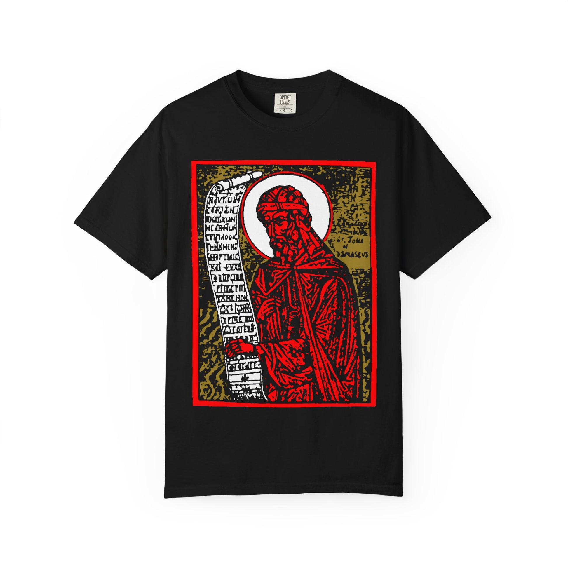 The "St. John of Damascus Icono-Graphic" black heavyweight cotton tee features a bold red and gold Orthodox saint design inspired by funeral hymns, with high contrast graphics and text scroll. Unisex fit.