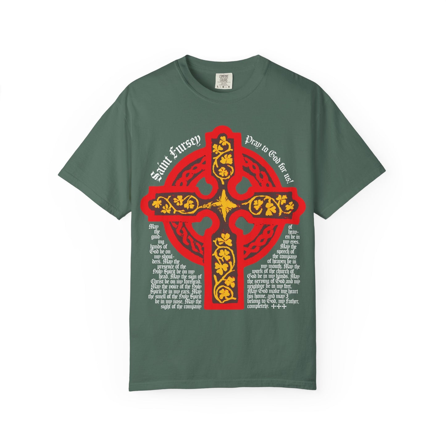 Blue Spruce tee featuring a bold red and yellow Celtic cross, inspired by the Lorica Shield Prayer of St Fursey, with white stylized text—perfect for Irish Orthodox or Western Rite Christian wear.