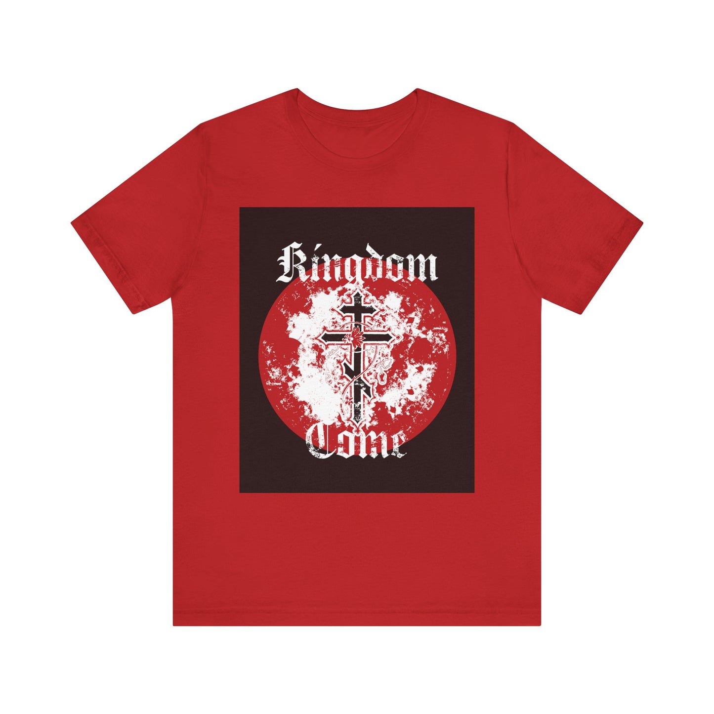 Red "Kingdom Come" unisex tee in lightweight cotton, featuring a textured Gothic font, an Orthodox cross with vine detail, and inspired by the Lord’s Prayer—an uplifting statement of Orthodox Christian faith.