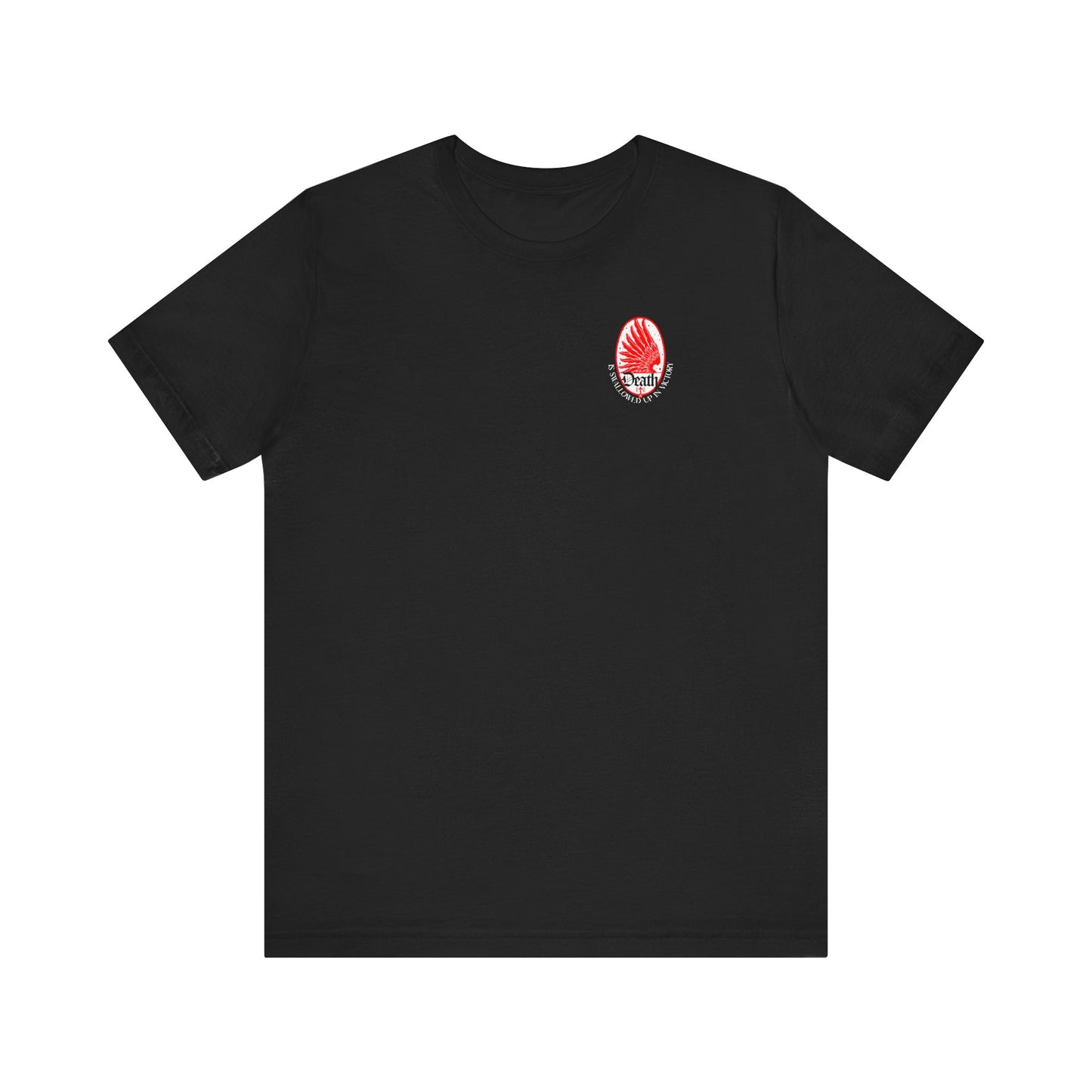 Black Orthodox lightweight cotton unisex t-shirt featuring a small Art Nouveau eagle wing and stars design with the phrase "Death is Swallowed Up In Victory" (1 Cor 15:54) on the left chest.