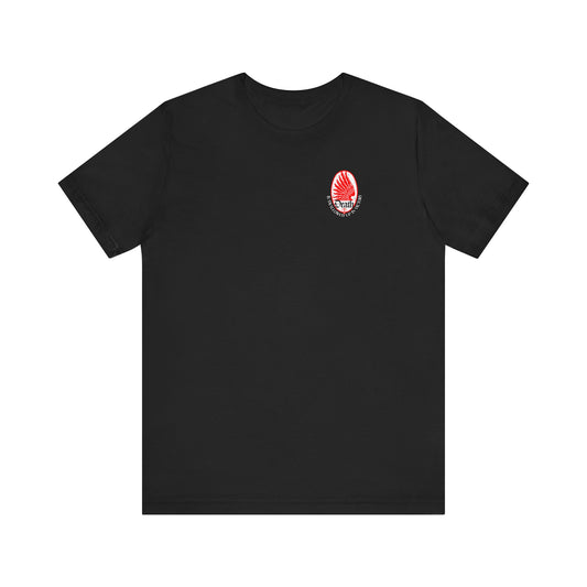 Black Orthodox lightweight cotton unisex t-shirt featuring a small Art Nouveau eagle wing and stars design with the phrase "Death is Swallowed Up In Victory" (1 Cor 15:54) on the left chest.