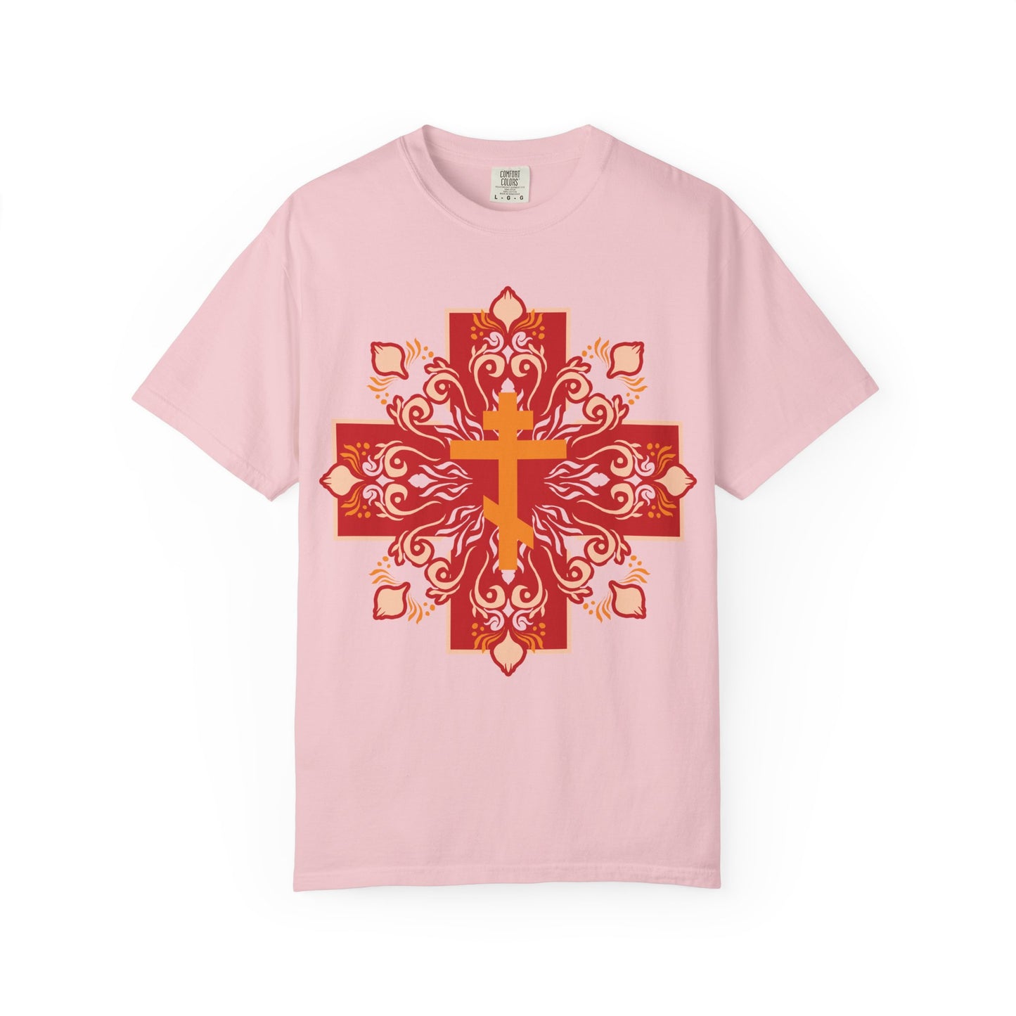 Orange & Red Orthodox Cross Colorful Festive Design | By His Wounds You Have Been Healed (1 Peter 2:24) | Orthodox Heavyweight Cotton Unisex Tee