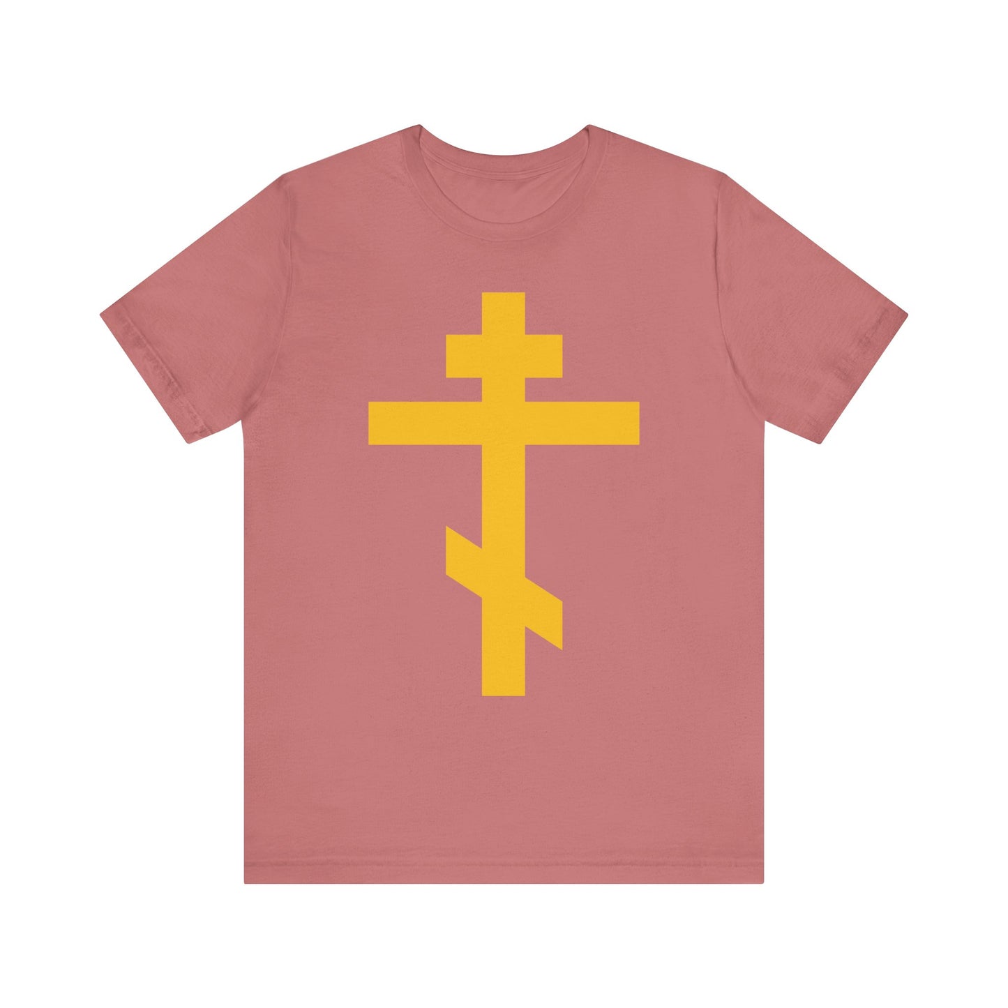 Yellow Orthodox Cross | Precious and Life-Giving Weapon of Unseen Warfare | Scourge of Demons | Christian Lightweight Cotton Unisex Tee—this mauve t-shirt features a large yellow Eastern Orthodox cross on the front, inspired by the message of Galatians 2:20 and the call to be crucified with Christ, making it a perfect choice for moments of Christian meditation.