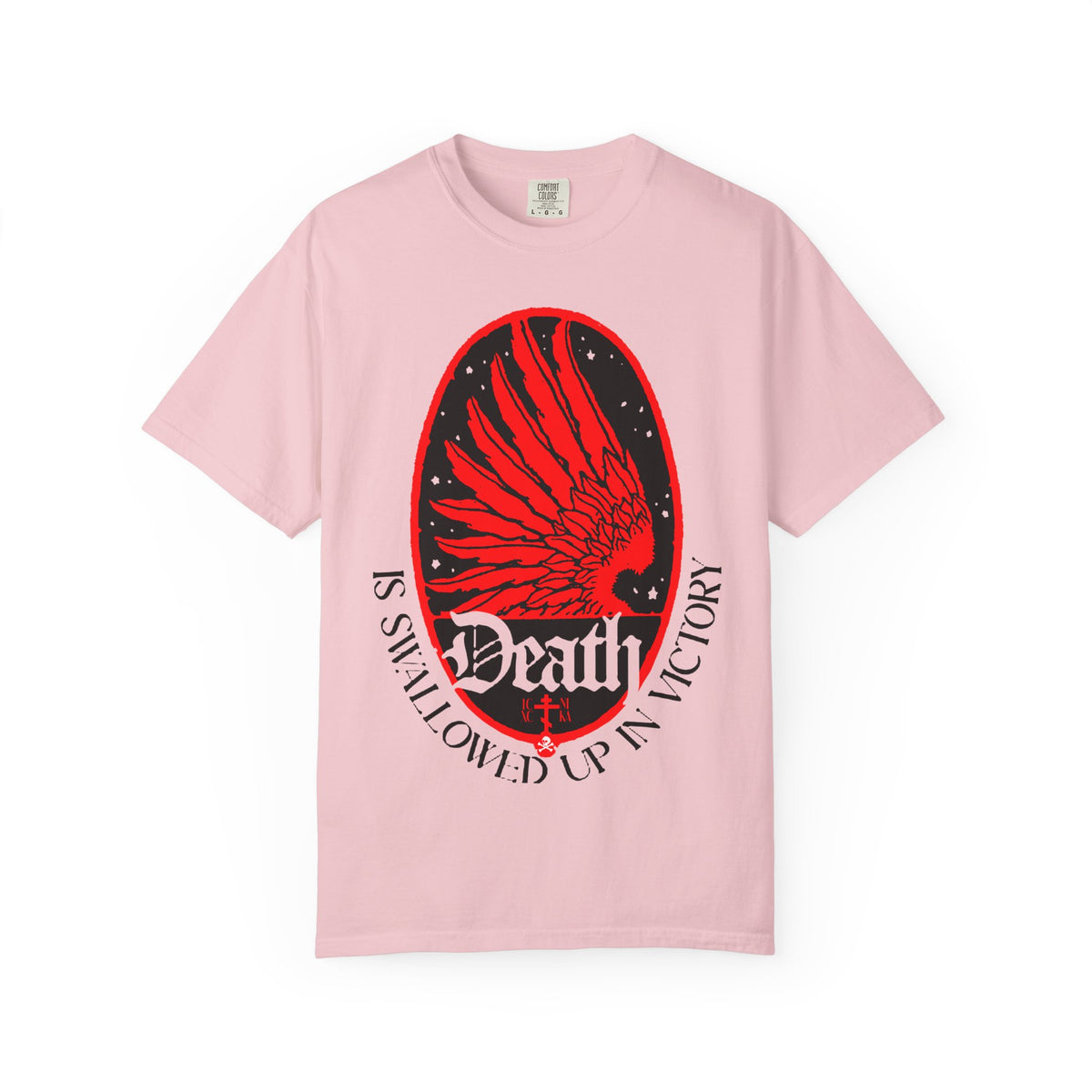 Blossom-colored unisex heavyweight cotton tee featuring an Art Nouveau eagle wing and stars design with the text “Death is Swallowed Up In Victory (1 Cor 15:54),” celebrating the Orthodox Christian themes of immortality and incorruption.