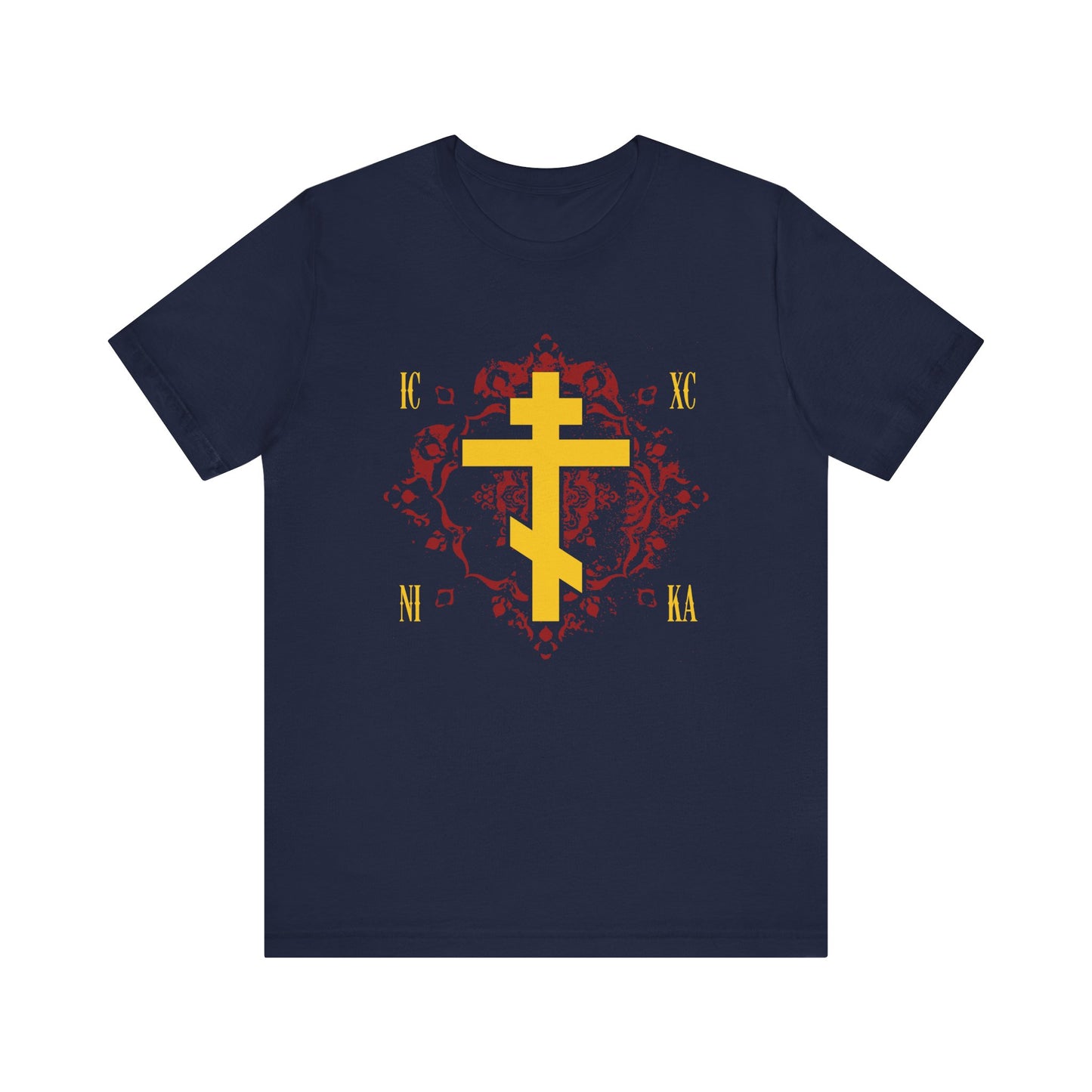 Introducing the ICXC NIKA Yellow Orthodox Cross on Ornate Red Background Design | Jesus Christ Conquers | Christian Lightweight Cotton Unisex T-Shirt in navy. Featuring a yellow Orthodox Cross set against a red decorative background and adorned with gold "IC XC NI KA" letters, this shirt is inspired by the grace of sonship and the teachings of St Kosmas Aitolos, artfully blending tradition with faith.