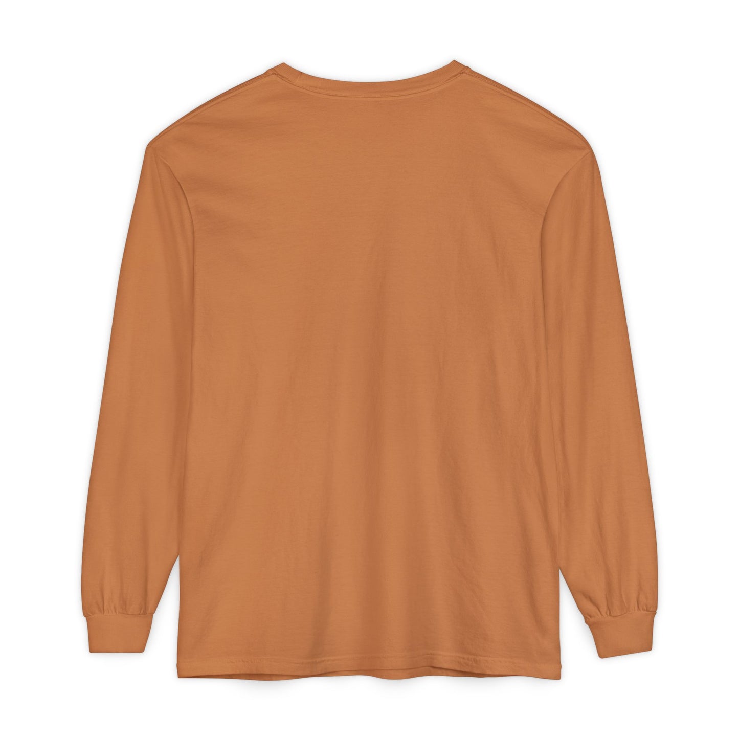Back view of the Orthodox Long Sleeve Shirt in orange-brown, featuring a crew neck and ribbed cuffs, inspired by Gal 6:14: "May I never boast, except in the cross of our Lord Jesus Christ" and the White Orthodox Cross.