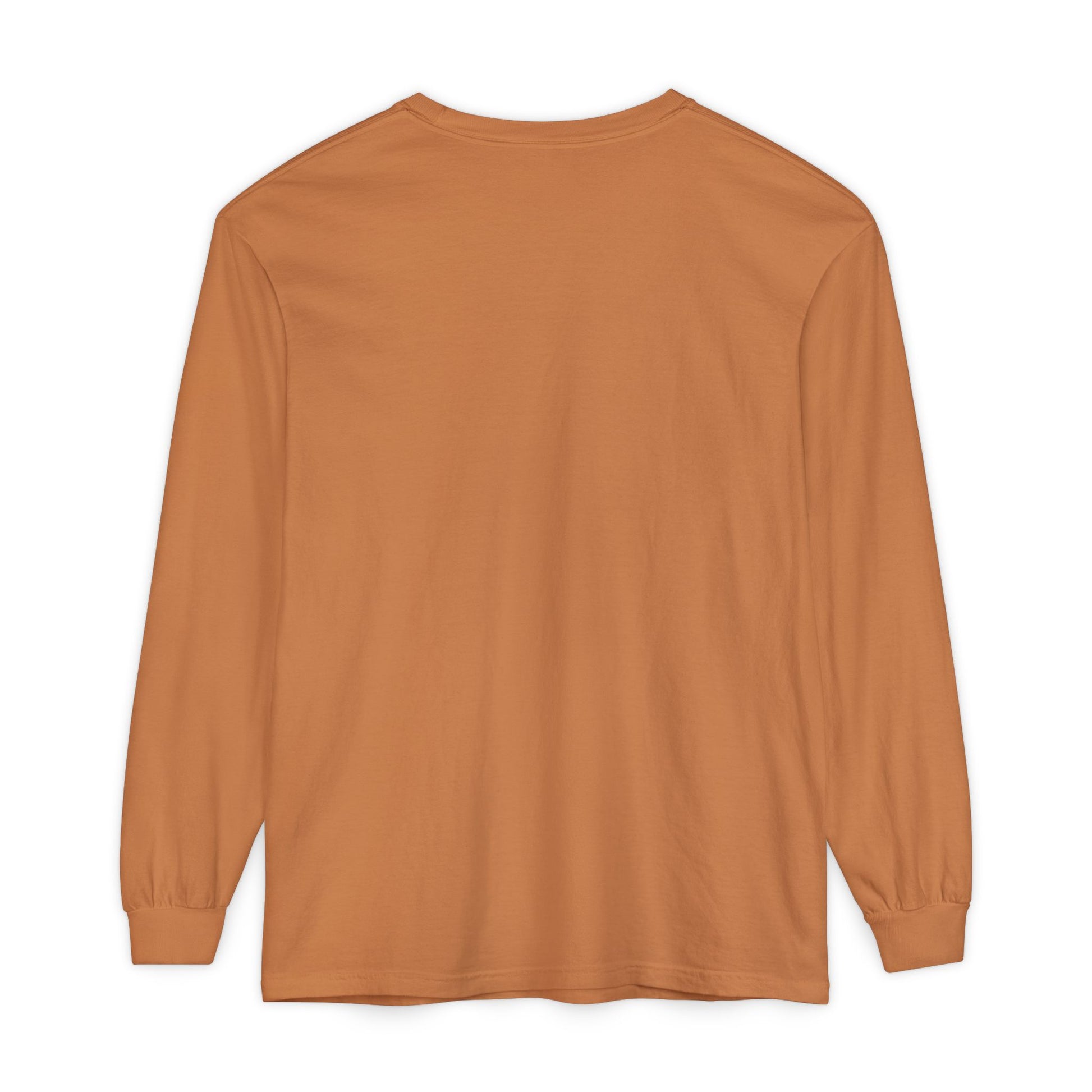 Back view of the Orthodox Long Sleeve Shirt in orange-brown, featuring a crew neck and ribbed cuffs, inspired by Gal 6:14: "May I never boast, except in the cross of our Lord Jesus Christ" and the White Orthodox Cross.