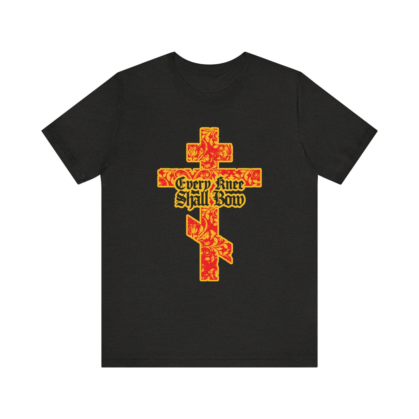 Black Heather tee featuring a gold and red floral Orthodox cross with gothic "Every Knee Shall Bow" text, inspired by Isaiah 45:22-24 & Phil 2:7-11. Lightweight cotton unisex fit.