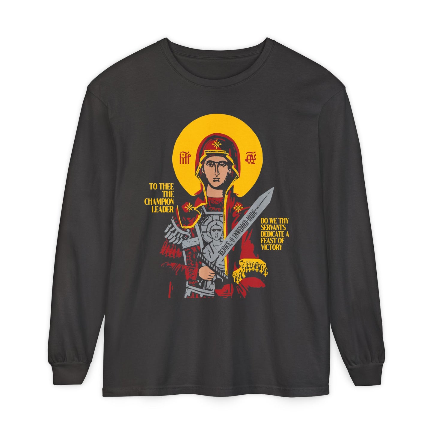 To Thee the Champion Leader | Mother of God | Theotokos with Sword IconoGraphic | Orthodox Christian Long Sleeve Shirt