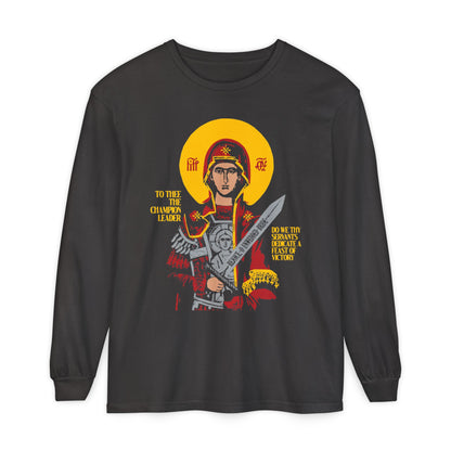 To Thee the Champion Leader | Mother of God | Theotokos with Sword IconoGraphic | Orthodox Christian Long Sleeve Shirt