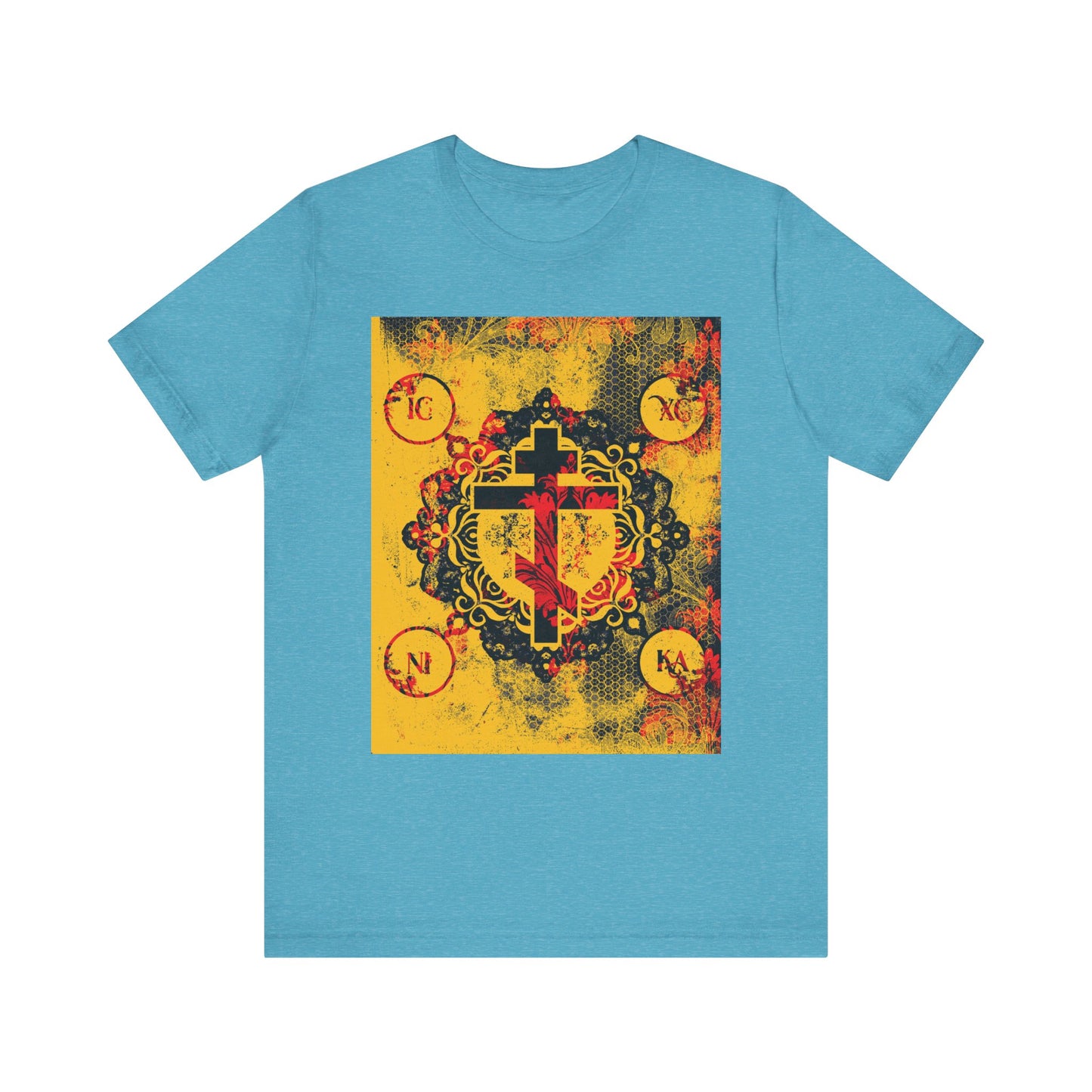 Heather Aqua IC XC NIKA Orthodox Cross T-shirt features a yellow and red modern-medieval floral cross design on lightweight cotton, symbolizing the mystery and sacrifice of Christ. Unisex fit, inspired by Orthodox Christian tradition.