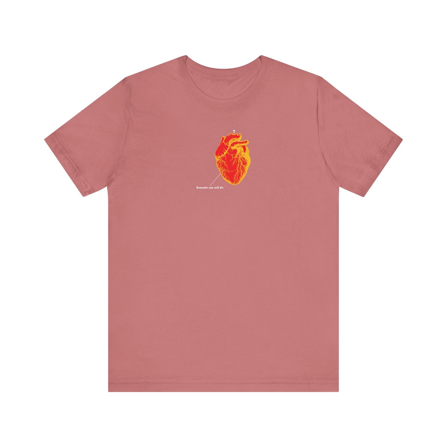 Mauve "Remember You Will Die" lightweight unisex tee featuring a detailed red and orange antique anatomical heart graphic and subtle white text— a memento mori Christian design inspired by vintage medical textbooks.
