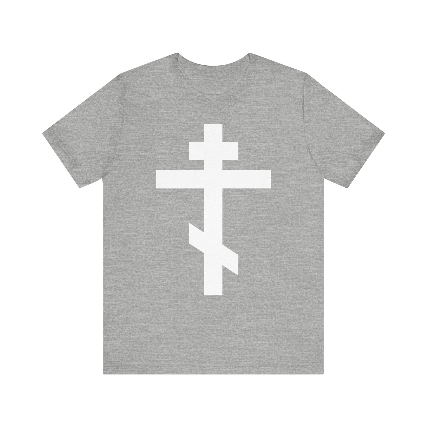 Athletic Heather lightweight cotton unisex tee featuring a large white Orthodox cross on the front, inspired by St. John of Kronstadt's message: "By the power of Thy Cross do Thou preserve Thy people.