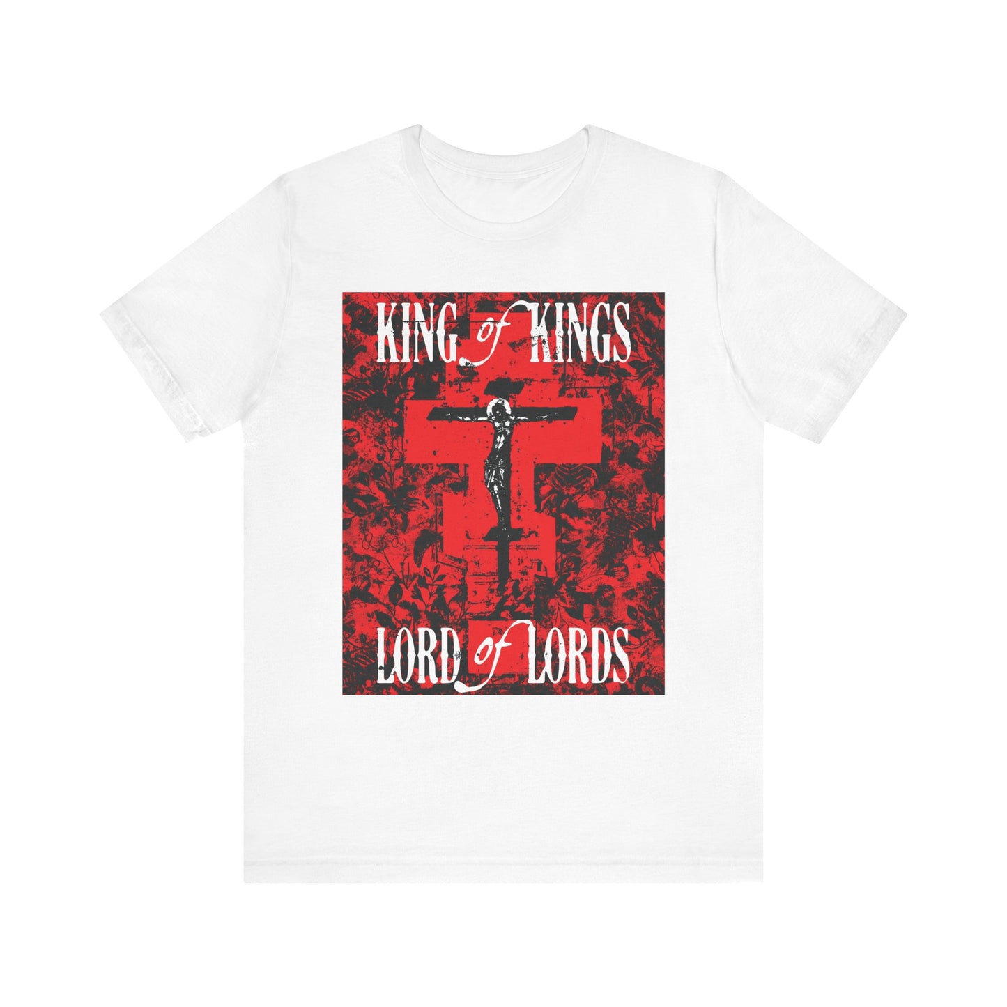 King of Kings, Lord of Lords | Christ Crucified Icono-Graphic | Red Cross Nature Texture w/ White Text | Lightweight Cotton Unisex Tee