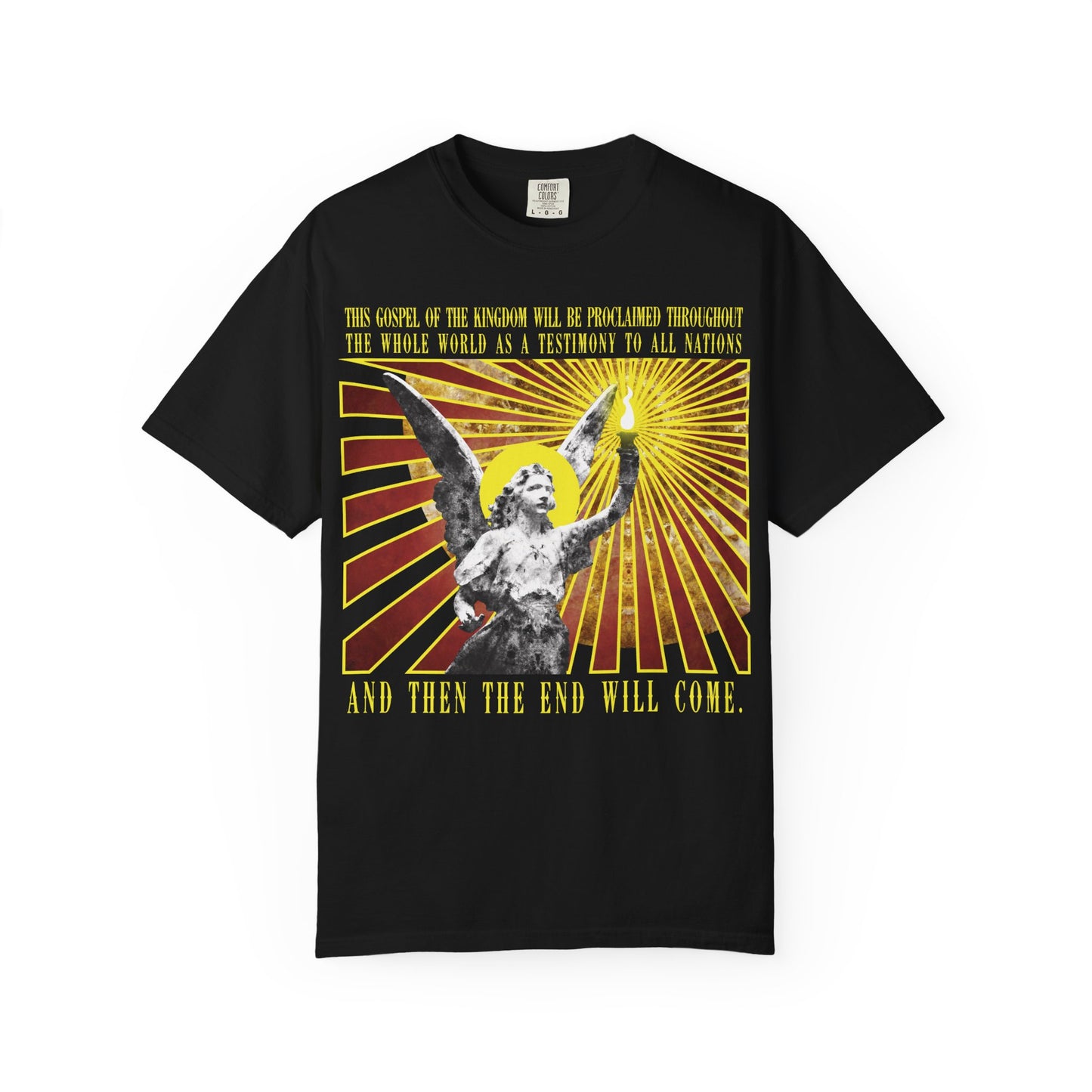 Black “And Then the End Will Come (Matthew 24:14)” T-shirt, featuring a cemetery angel holding a lamp that emits radiant rays, with yellow biblical text about end times, tribulation, the abomination of desolation, and false prophets.