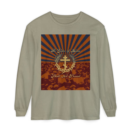 The Gates of Hades Shall Not Prevail | Cross with Wreath & Crown of Thorns | Skulls and Rays | Orthodox Christian Long Sleeve Shirt
