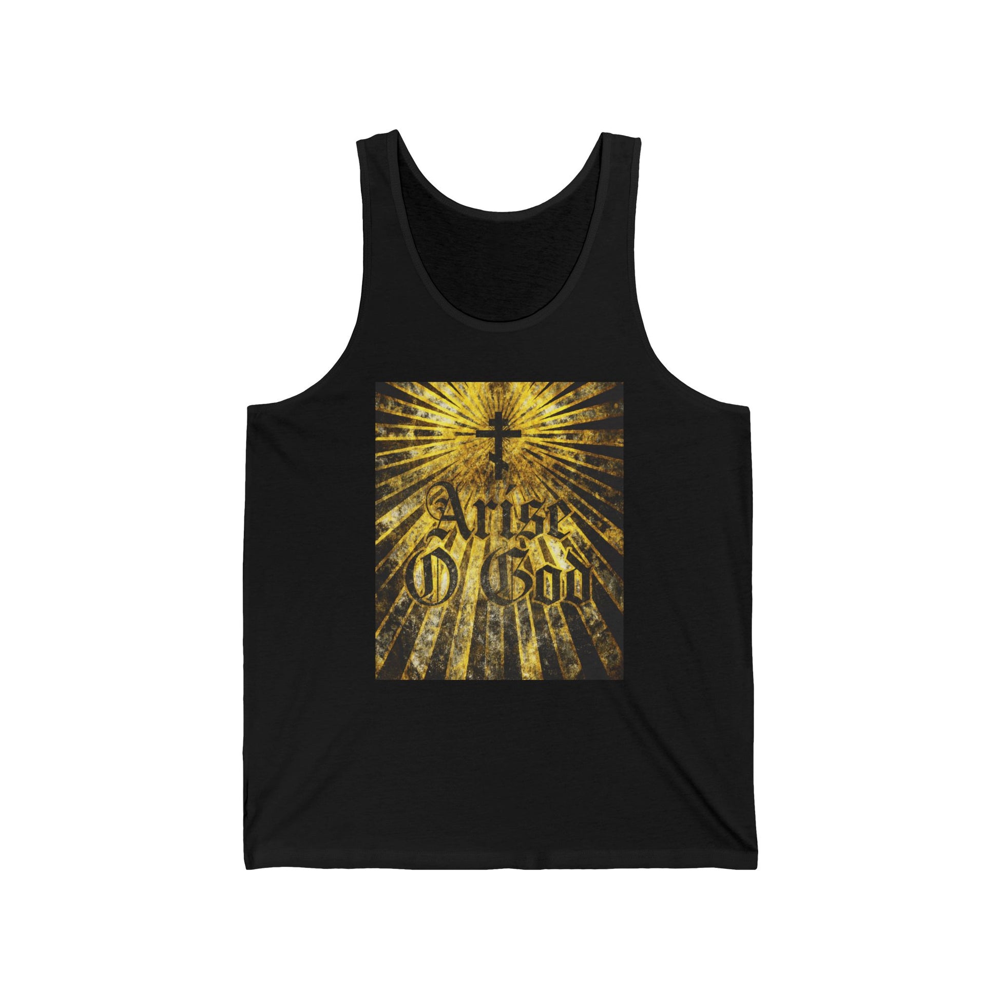 Black tank top featuring "Arise O God" in a textured gothic font with an Orthodox cross and golden rays—Orthodox Christian apparel inspired by Psalm 81 (82 LXX) and the Divine Council worldview.