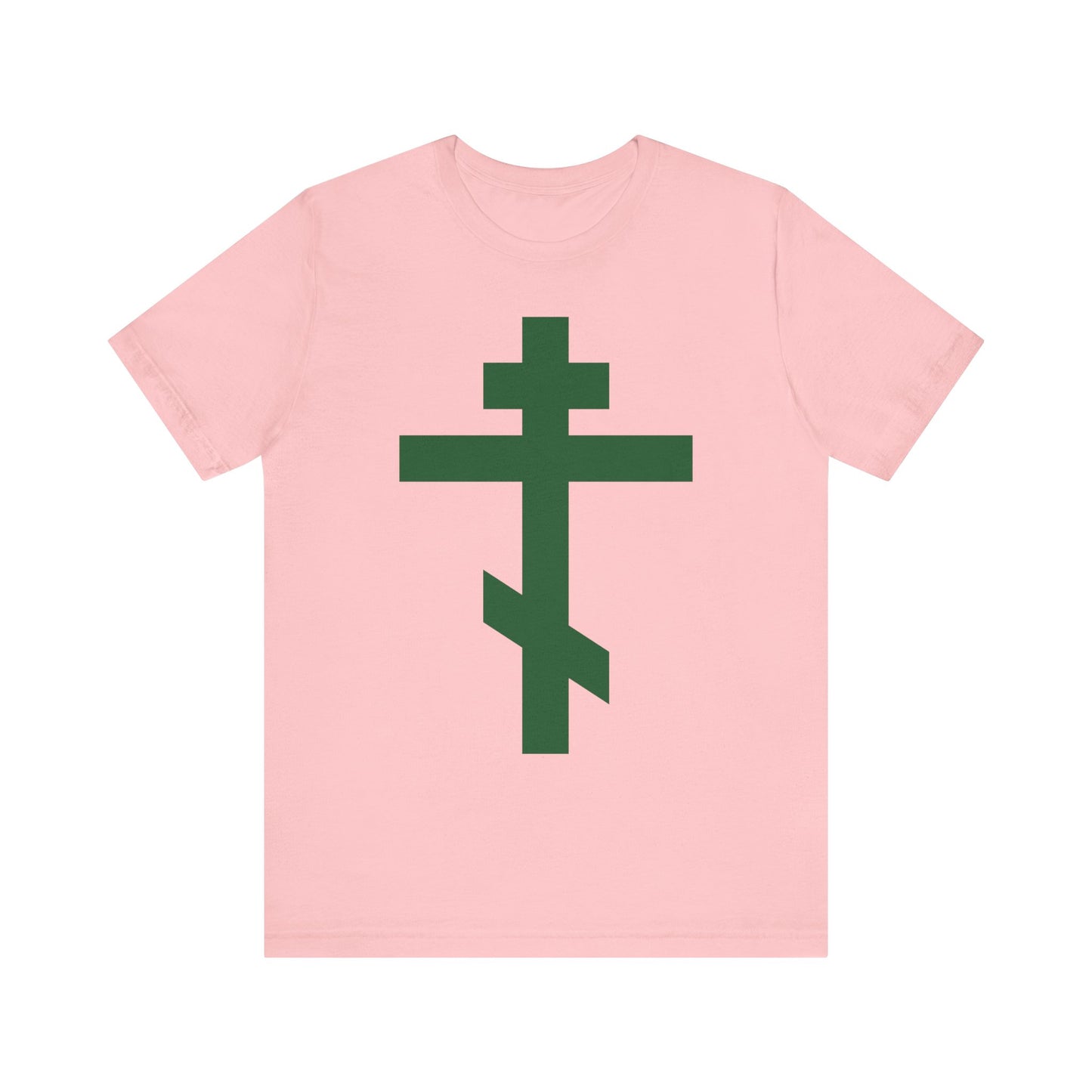 Pink "Forest Green Orthodox Tribar Cross" tee with a dark green cross on the front, featuring "Preserve Thy People By Thy Cross, O Lord" and "Christ is King." Lightweight cotton unisex shirt.