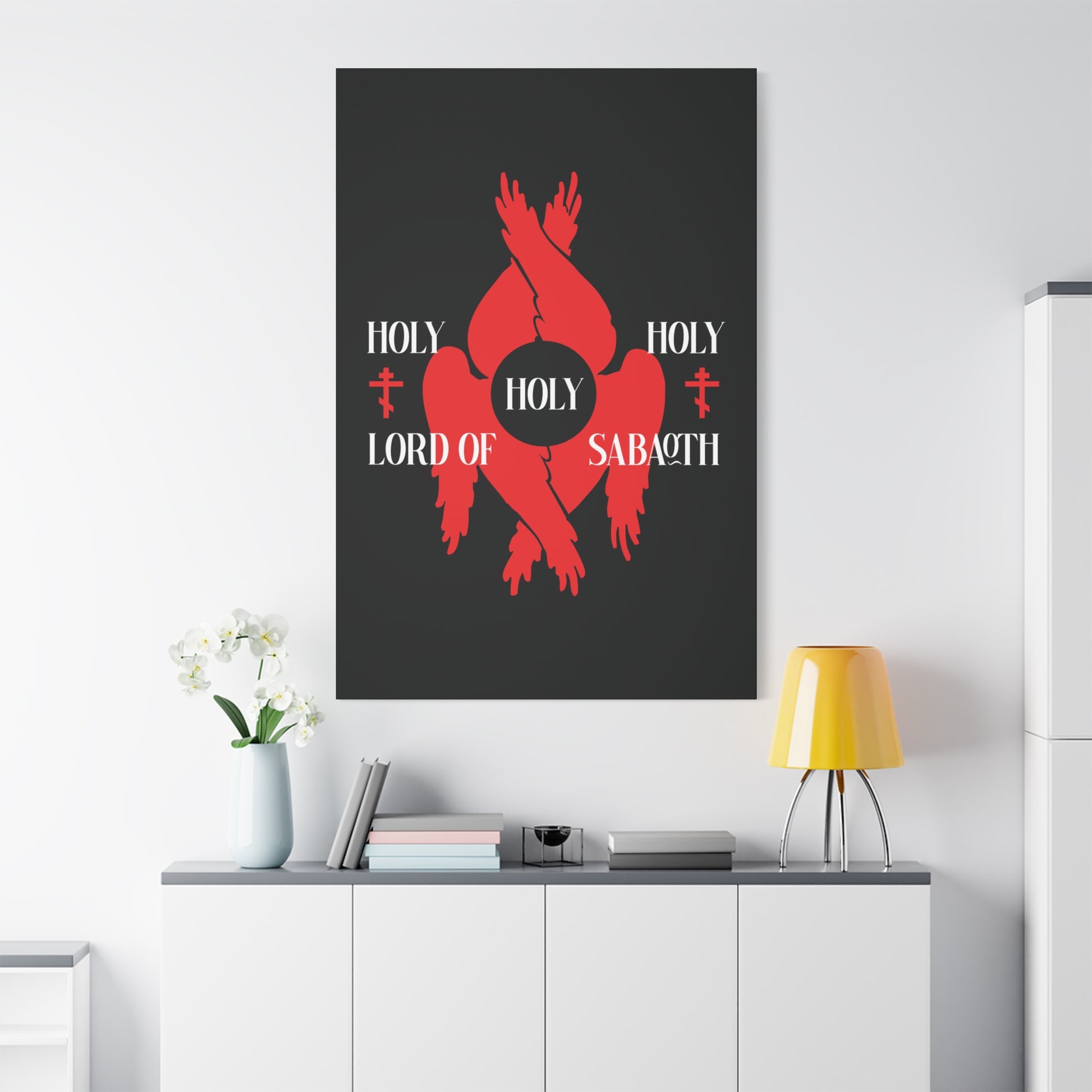 The “Holy Holy Holy Lord of Sabaoth Red Seraphim Wings Orthodox Crosses | Isaiah 6:3” Christian canvas art features red abstract seraphim wings and crosses, evoking the reverence of St Cyril of Jerusalem and the Divine Council.