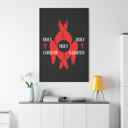 The “Holy Holy Holy Lord of Sabaoth Red Seraphim Wings Orthodox Crosses | Isaiah 6:3” Christian canvas art features red abstract seraphim wings and crosses, evoking the reverence of St Cyril of Jerusalem and the Divine Council.